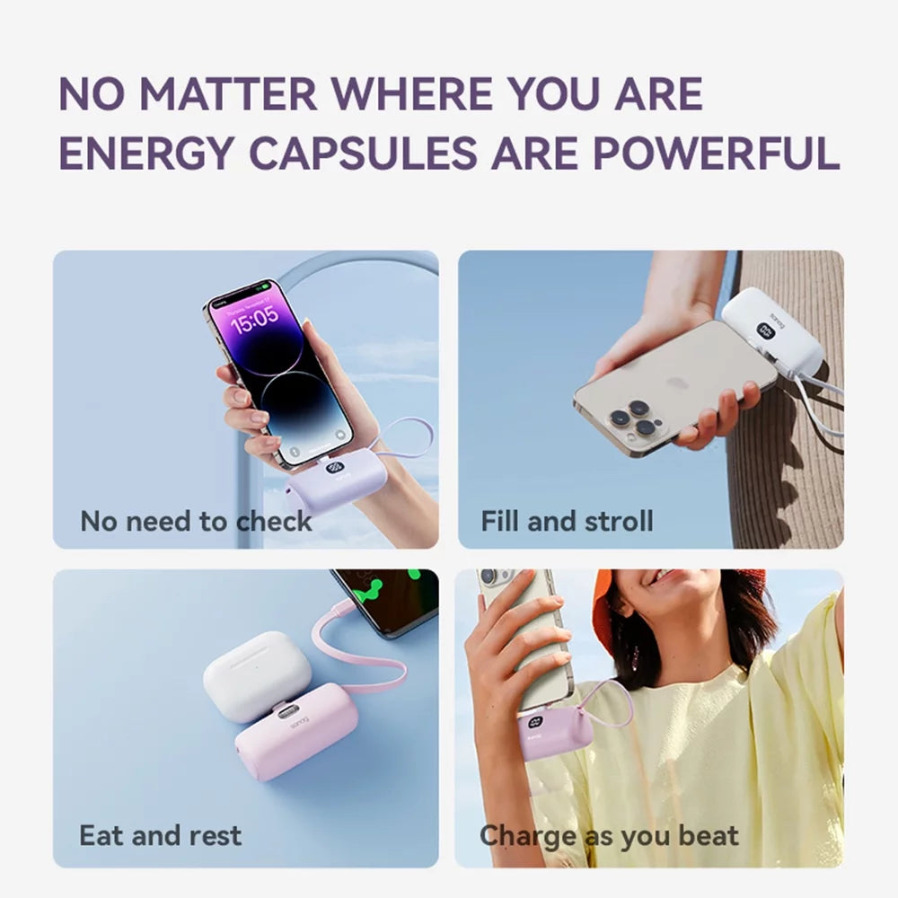 Portable Power Bank 5000Mah, Compact 5V 3A Fast Charger with Built-In Type-C Cable & Phone Holder (Pink)