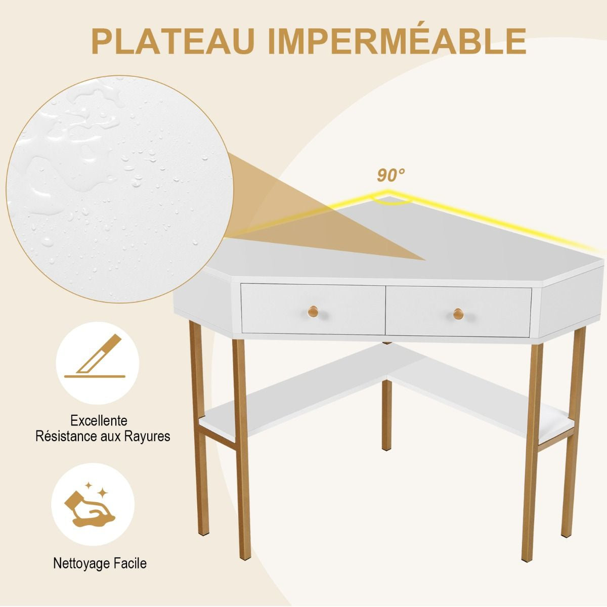 Table Bureau D'Angle Avec 2 Tiroirs Table Imformatique Pour Ordinateur Avec Etagère De Rangement Doré/Noir/Blanc