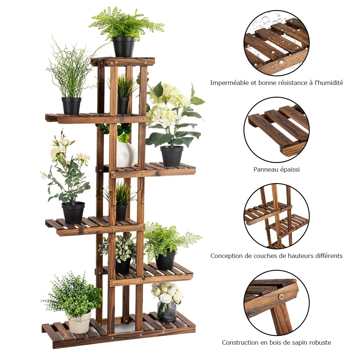 Etagère À Fleurs À 6 Niveaux Support De Plantes Décoration Capacité 10 Kg En Bois De Sapin 75X25X140Cm Naturel