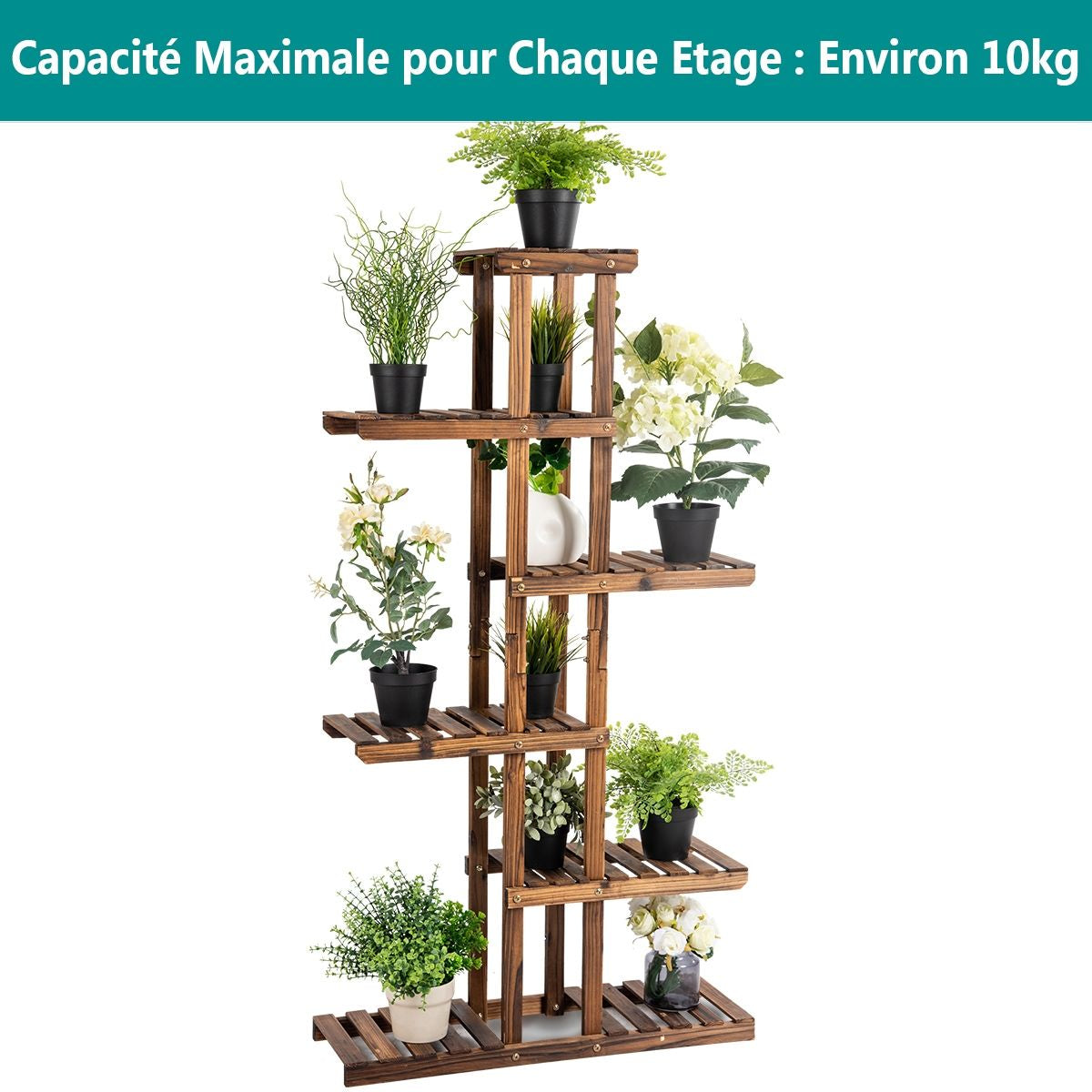 Etagère À Fleurs À 6 Niveaux Support De Plantes Décoration Capacité 10 Kg En Bois De Sapin 75X25X140Cm Naturel