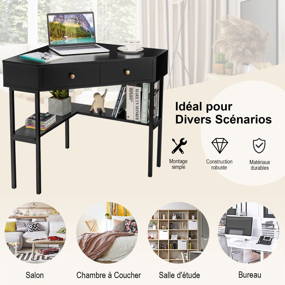 Table Bureau D'Angle Avec 2 Tiroirs Table Imformatique Pour Ordinateur Avec Etagère De Rangement Doré/Noir/Blanc