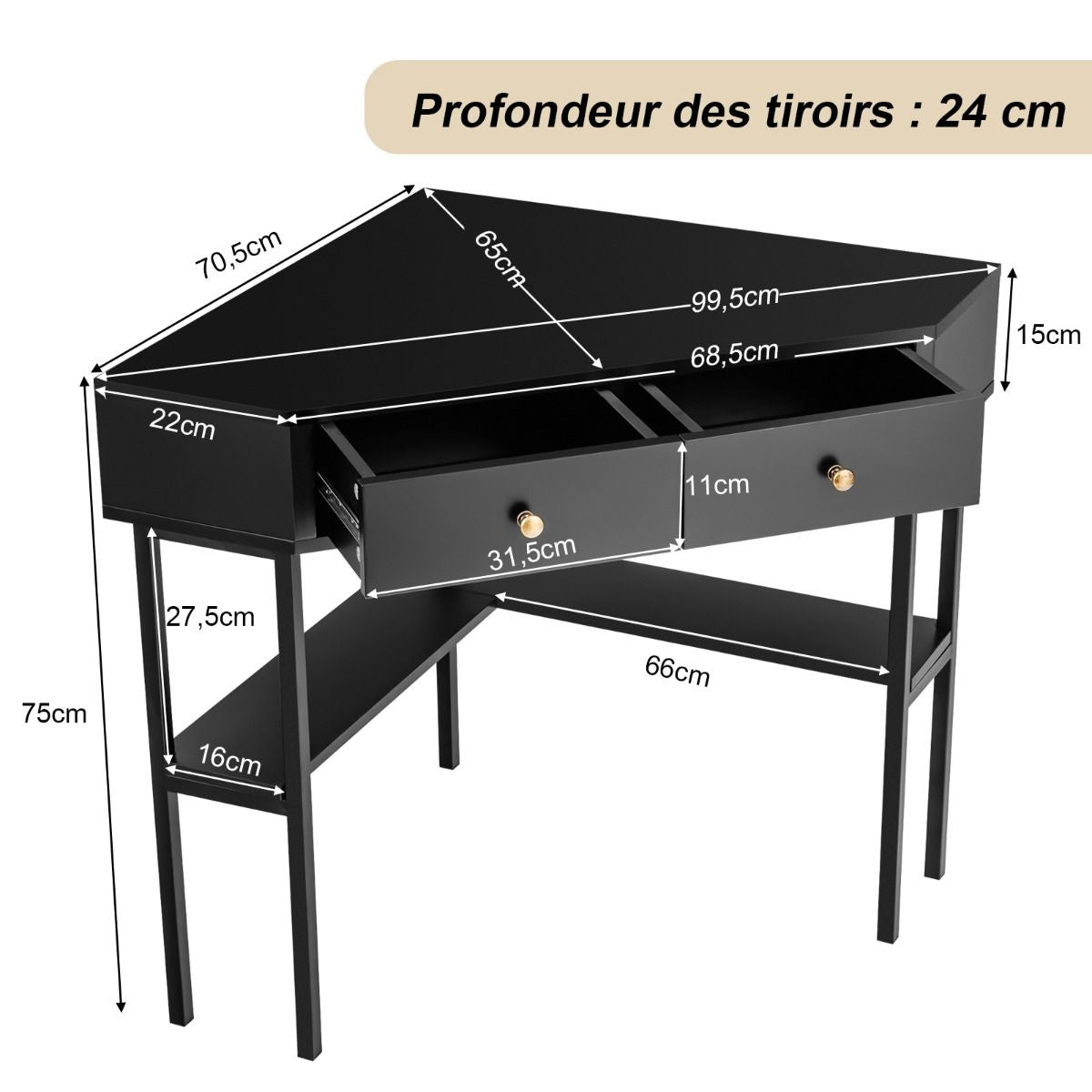 Table Bureau D'Angle Avec 2 Tiroirs Table Imformatique Pour Ordinateur Avec Etagère De Rangement Doré/Noir/Blanc