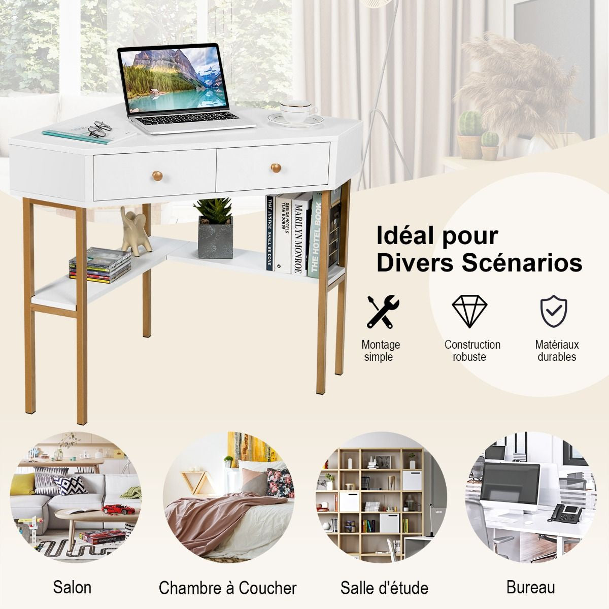 Table Bureau D'Angle Avec 2 Tiroirs Table Imformatique Pour Ordinateur Avec Etagère De Rangement Doré/Noir/Blanc