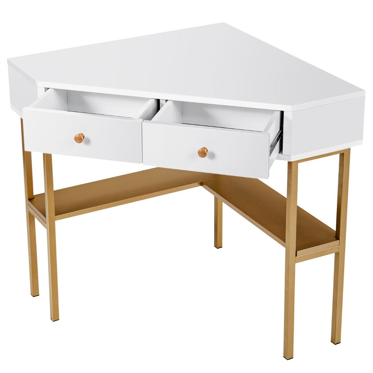 Table Bureau D'Angle Avec 2 Tiroirs Table Imformatique Pour Ordinateur Avec Etagère De Rangement Doré/Noir/Blanc
