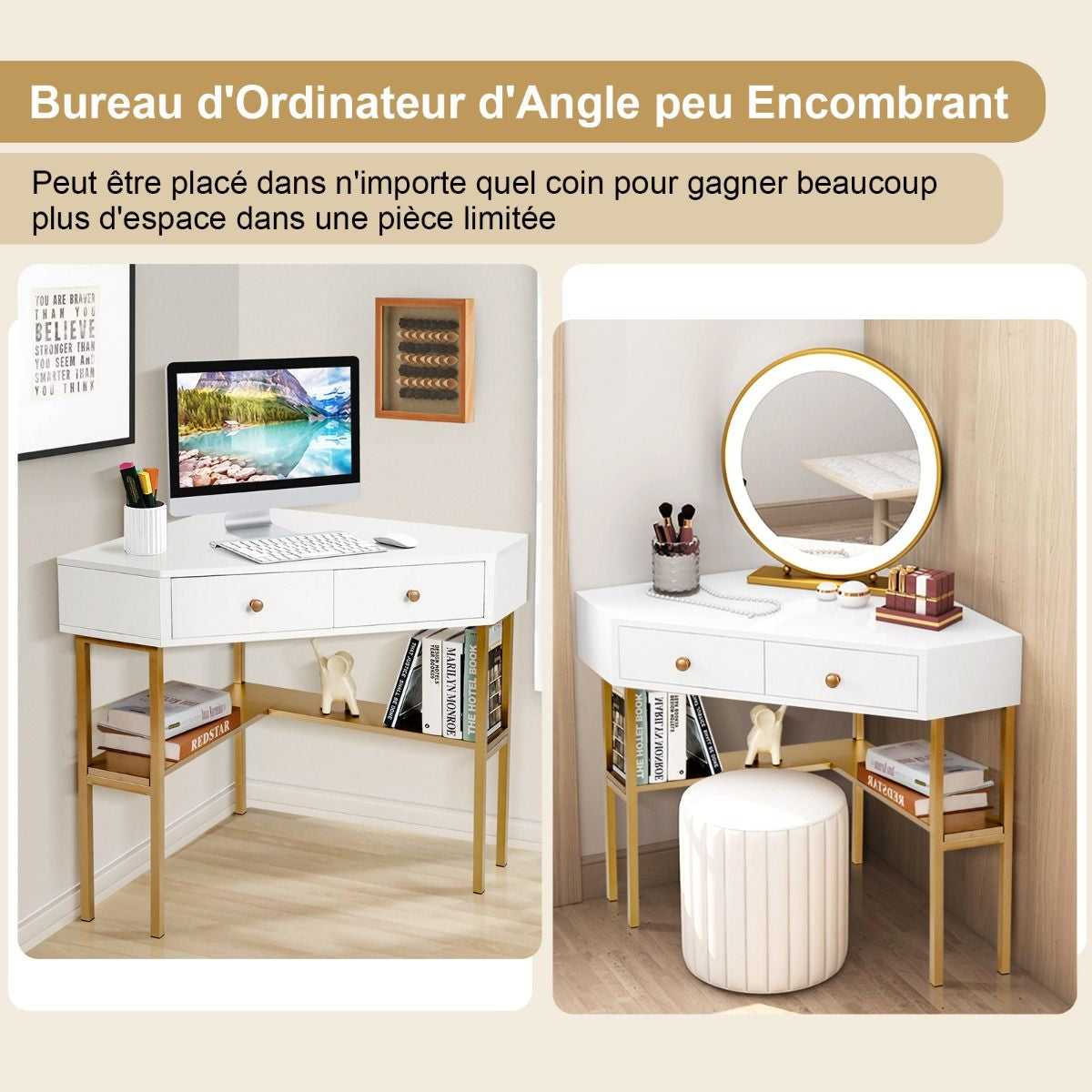 Table Bureau D'Angle Avec 2 Tiroirs Table Imformatique Pour Ordinateur Avec Etagère De Rangement Doré/Noir/Blanc