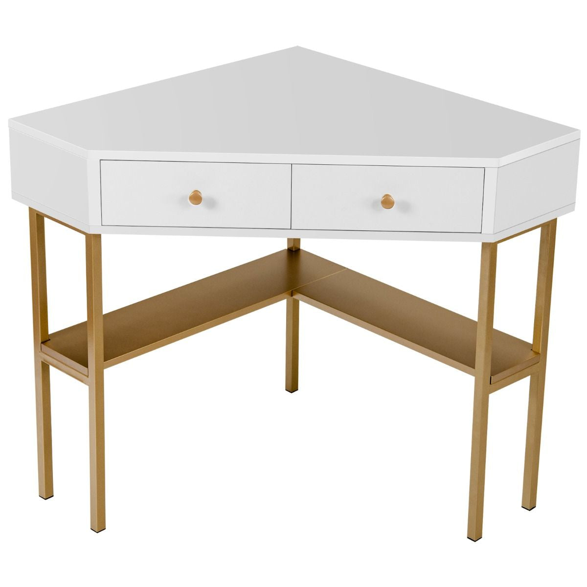 Table Bureau D'Angle Avec 2 Tiroirs Table Imformatique Pour Ordinateur Avec Etagère De Rangement Doré/Noir/Blanc