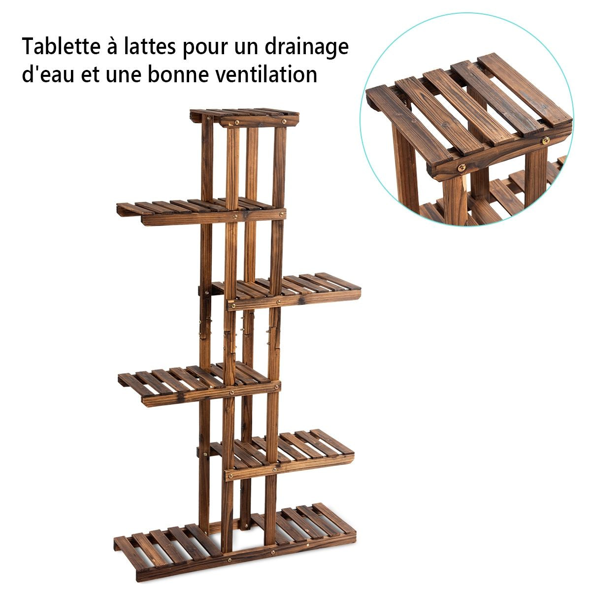 Etagère À Fleurs À 6 Niveaux Support De Plantes Décoration Capacité 10 Kg En Bois De Sapin 75X25X140Cm Naturel