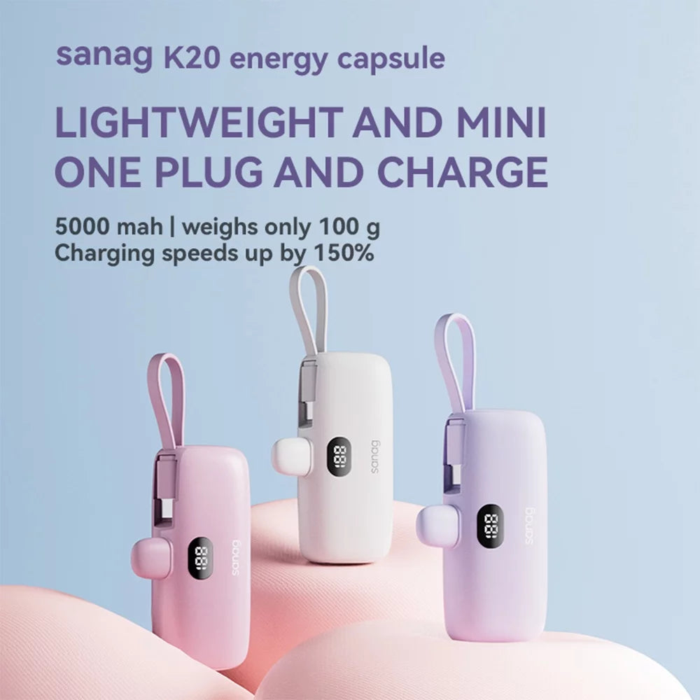 Portable Power Bank 5000Mah, Compact 5V 3A Fast Charger with Built-In Type-C Cable & Phone Holder (Pink)