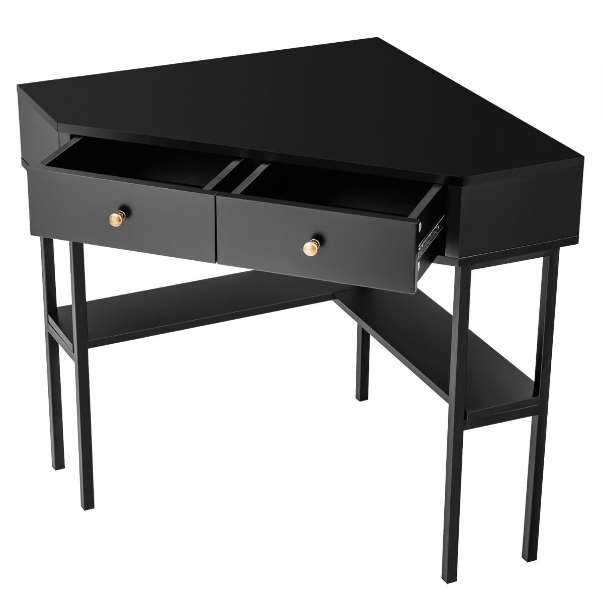 Table Bureau D'Angle Avec 2 Tiroirs Table Imformatique Pour Ordinateur Avec Etagère De Rangement Doré/Noir/Blanc