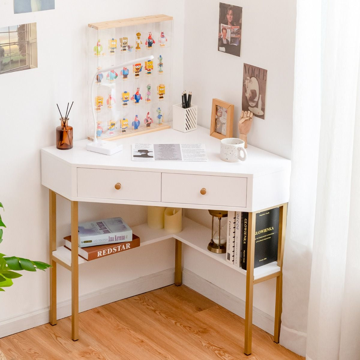 Table Bureau D'Angle Avec 2 Tiroirs Table Imformatique Pour Ordinateur Avec Etagère De Rangement Doré/Noir/Blanc