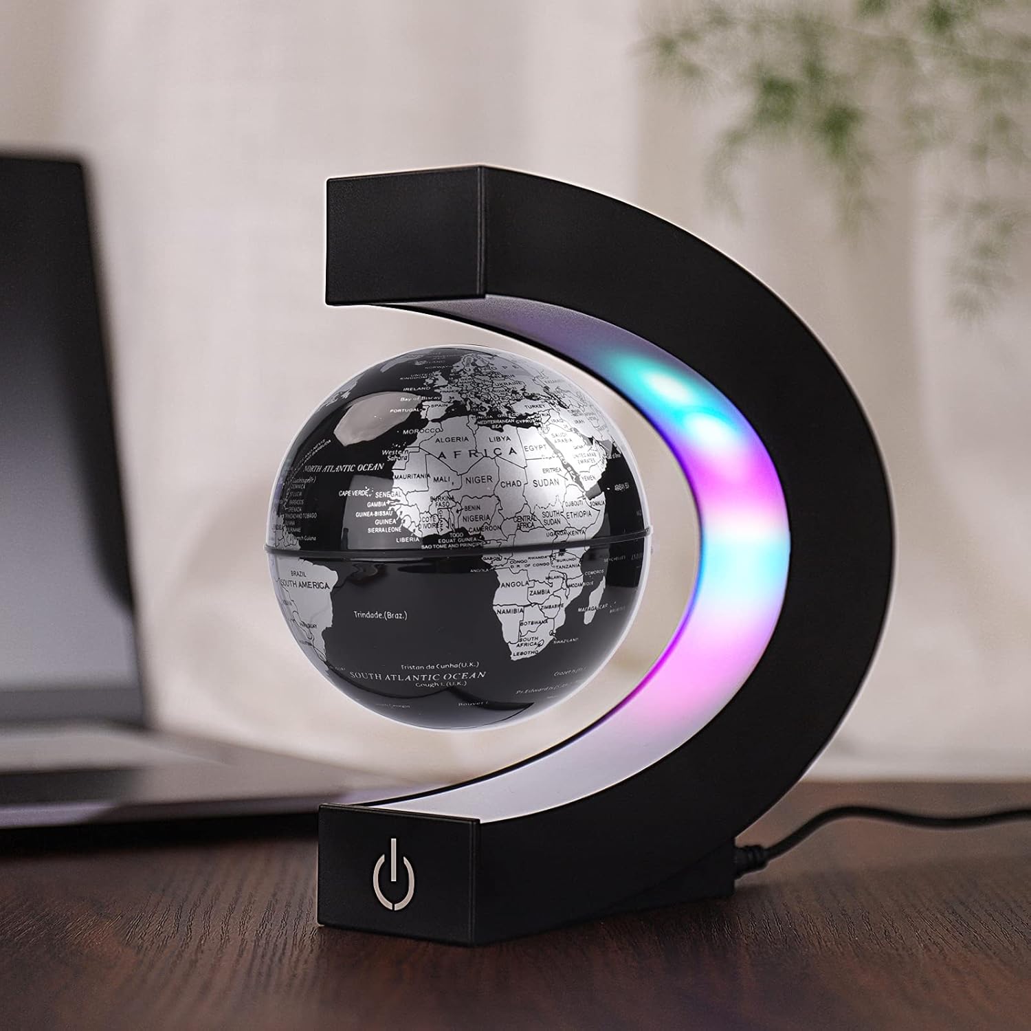 Floating Globe with Colored LED Lights C Shape anti Gravity Magnetic Levitation Rotating World Map with Touch Switch for Gift Home Office Desk Decoration with Switch