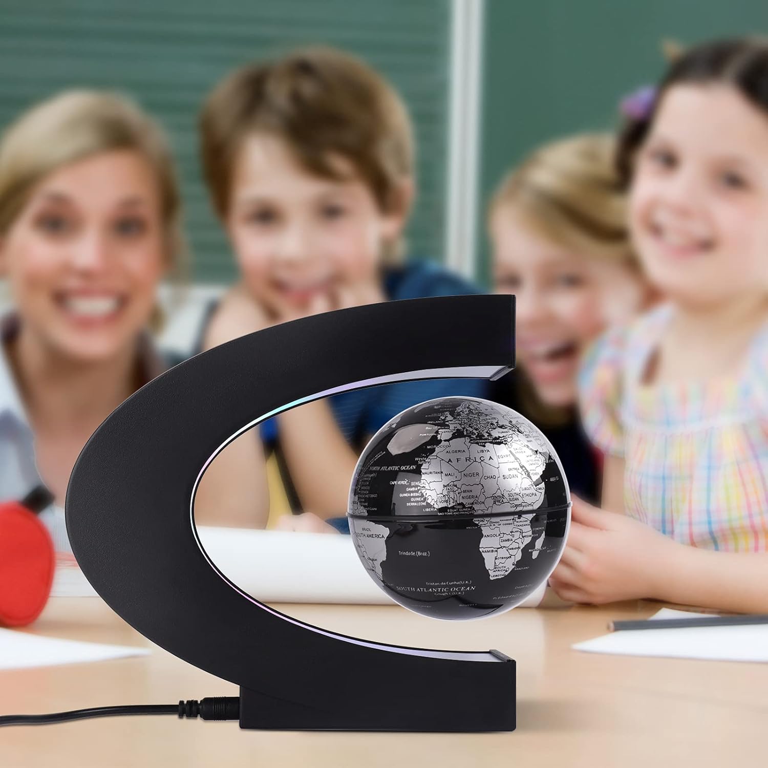 Floating Globe with Colored LED Lights C Shape anti Gravity Magnetic Levitation Rotating World Map with Touch Switch for Gift Home Office Desk Decoration with Switch
