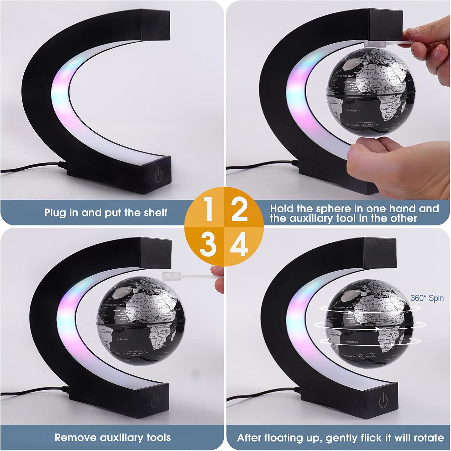 Floating Globe with Colored LED Lights C Shape anti Gravity Magnetic Levitation Rotating World Map with Touch Switch for Gift Home Office Desk Decoration with Switch