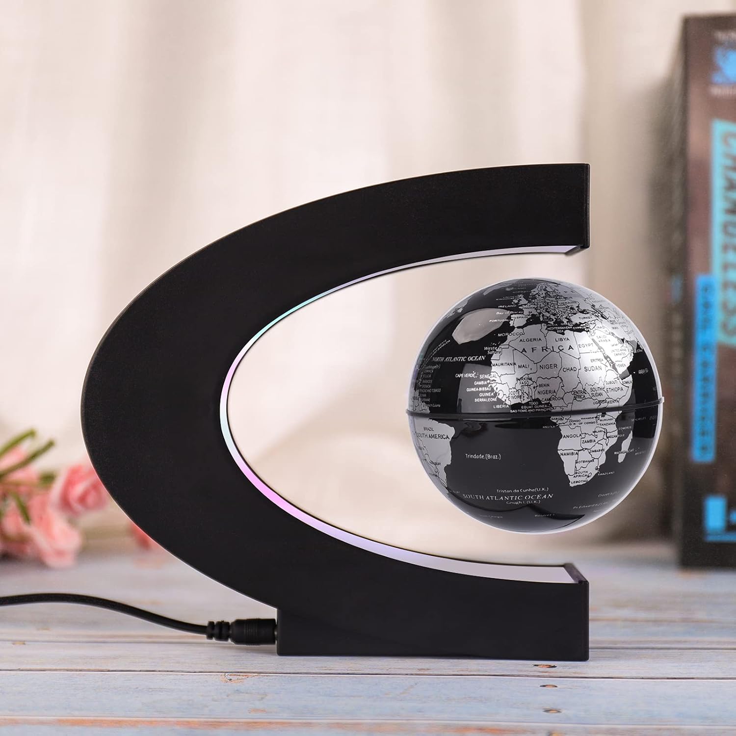 Floating Globe with Colored LED Lights C Shape anti Gravity Magnetic Levitation Rotating World Map with Touch Switch for Gift Home Office Desk Decoration with Switch