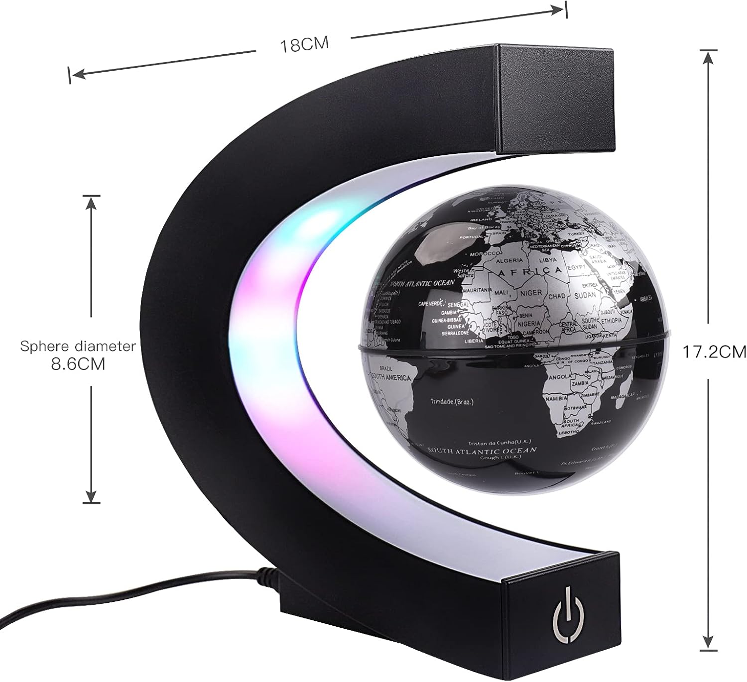 Floating Globe with Colored LED Lights C Shape anti Gravity Magnetic Levitation Rotating World Map with Touch Switch for Gift Home Office Desk Decoration with Switch