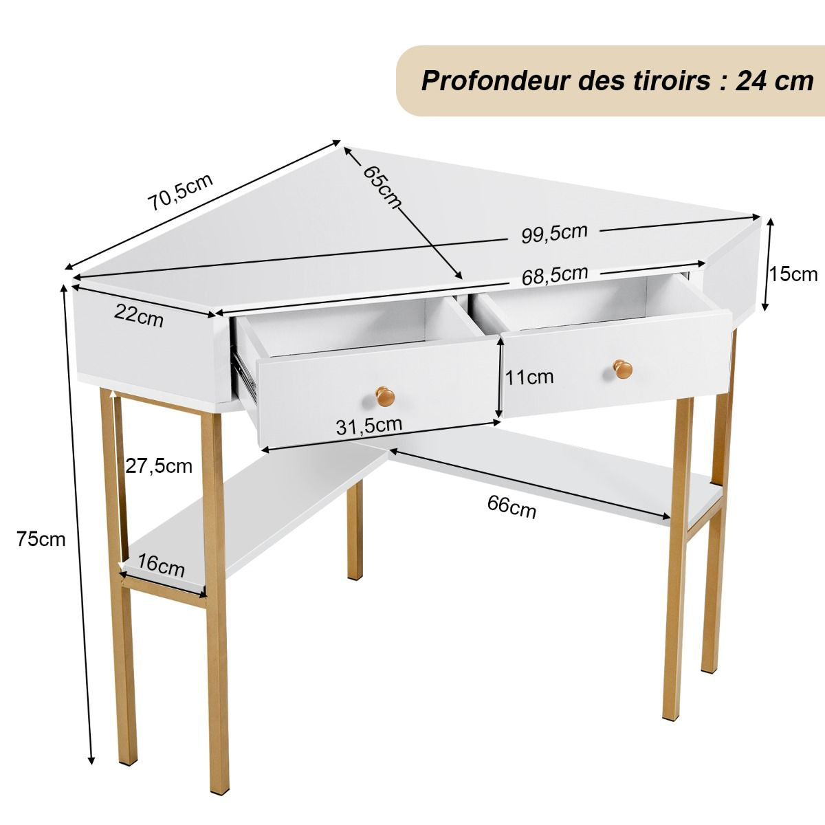 Table Bureau D'Angle Avec 2 Tiroirs Table Imformatique Pour Ordinateur Avec Etagère De Rangement Doré/Noir/Blanc