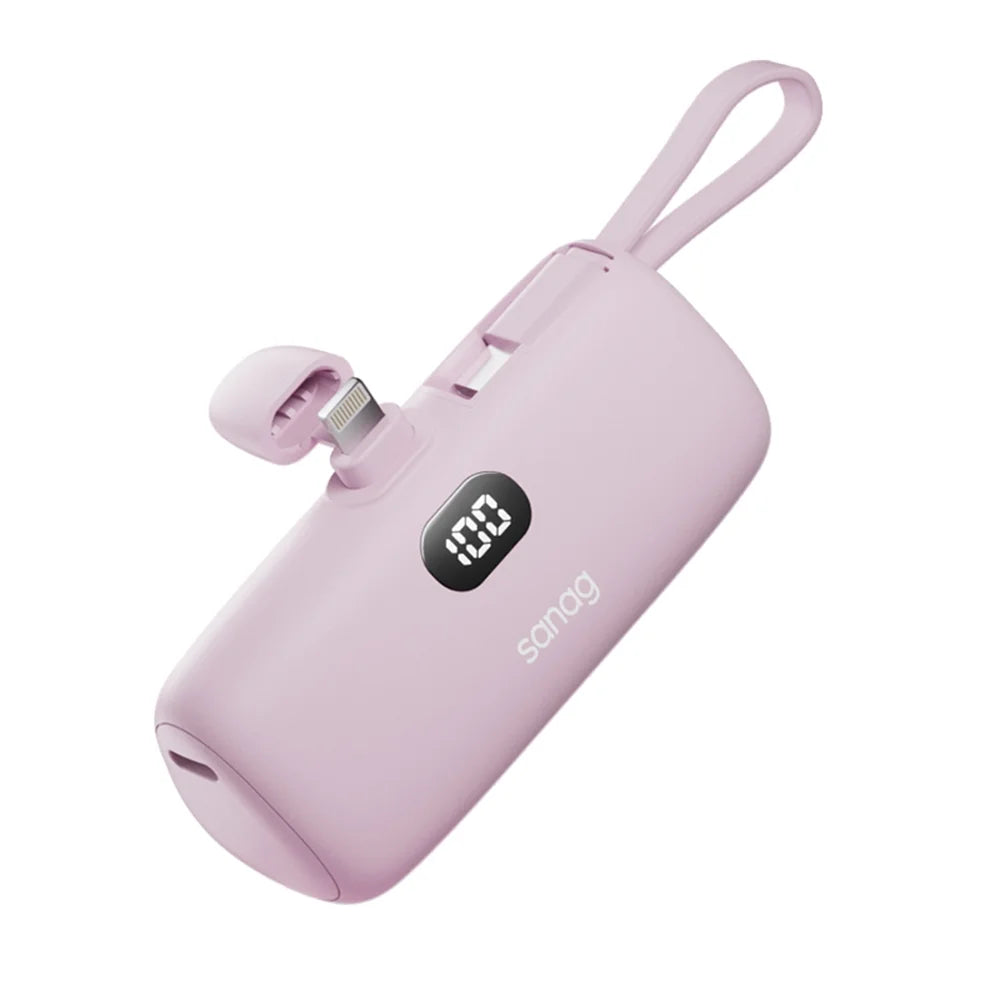 Portable Power Bank 5000Mah, Compact 5V 3A Fast Charger with Built-In Type-C Cable & Phone Holder (Pink)