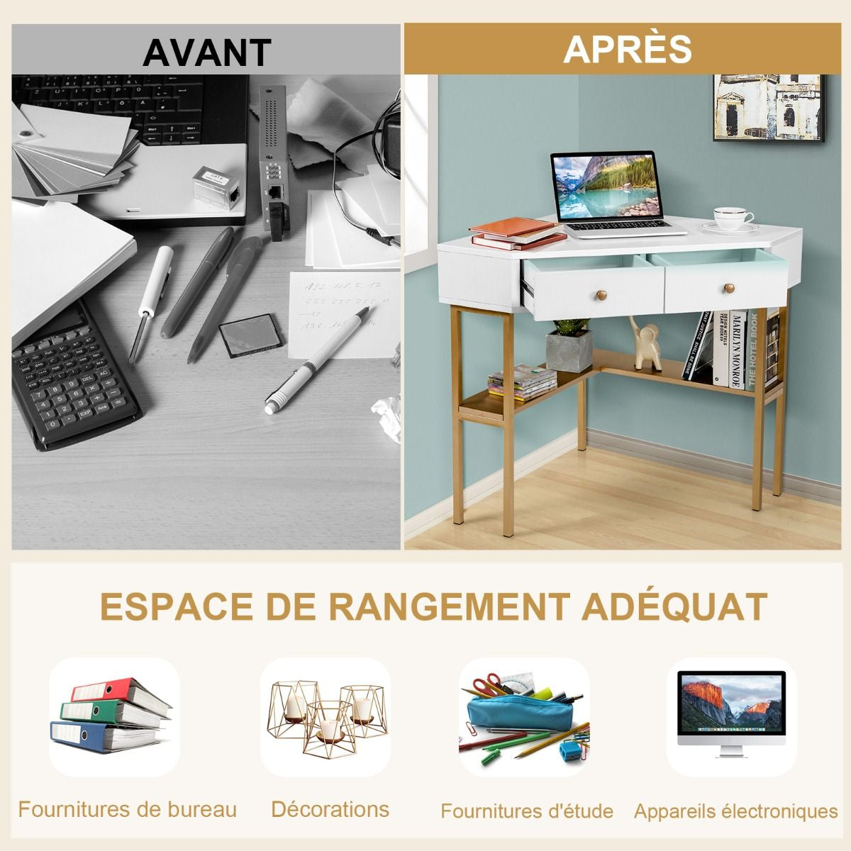 Table Bureau D'Angle Avec 2 Tiroirs Table Imformatique Pour Ordinateur Avec Etagère De Rangement Doré/Noir/Blanc