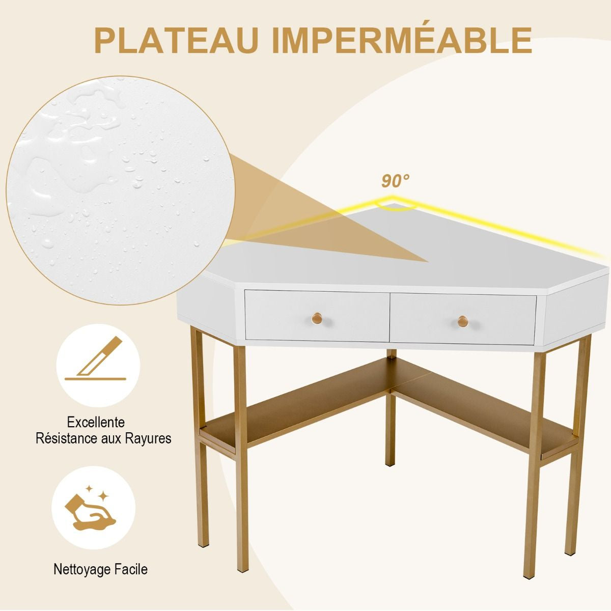 Table Bureau D'Angle Avec 2 Tiroirs Table Imformatique Pour Ordinateur Avec Etagère De Rangement Doré/Noir/Blanc