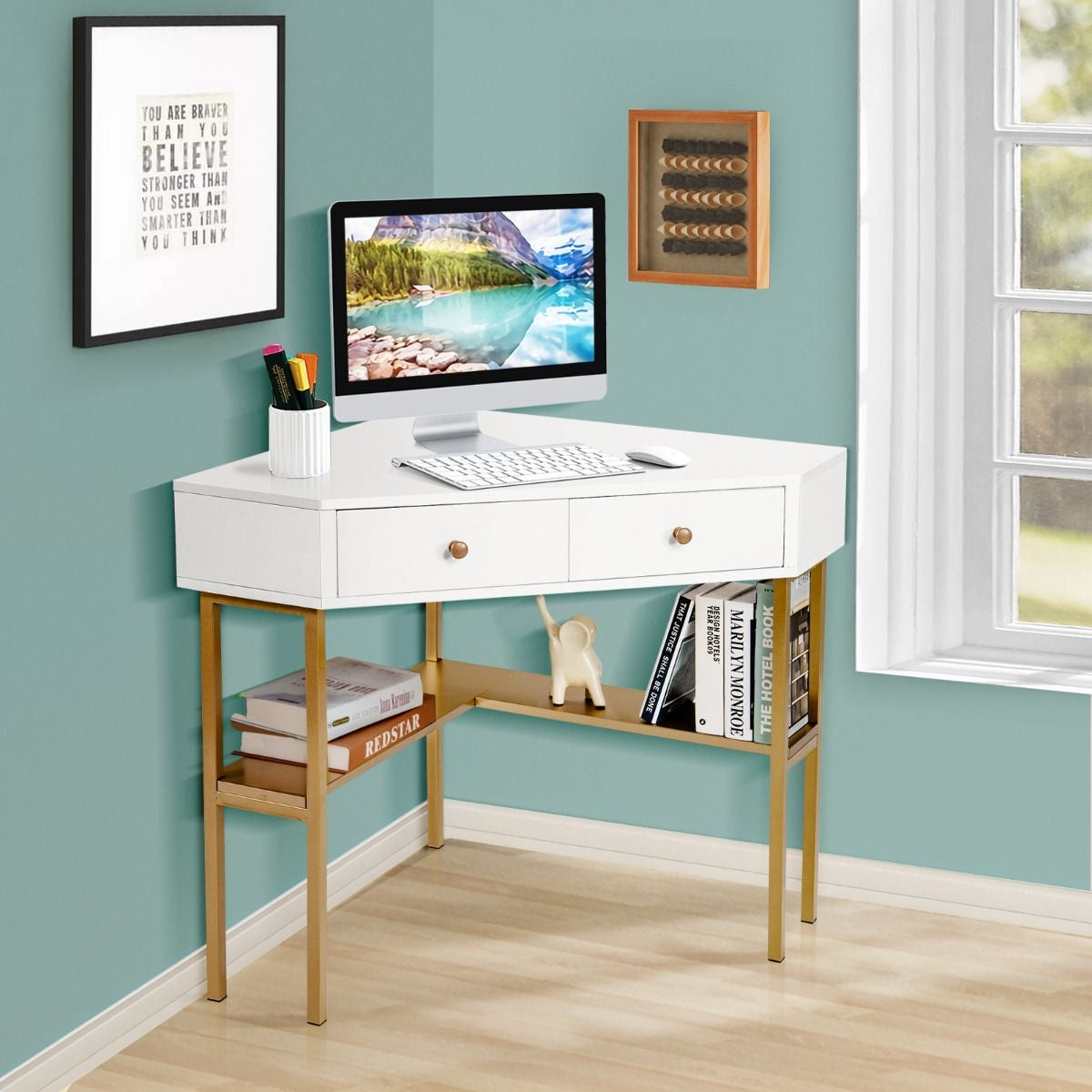 Table Bureau D'Angle Avec 2 Tiroirs Table Imformatique Pour Ordinateur Avec Etagère De Rangement Doré/Noir/Blanc