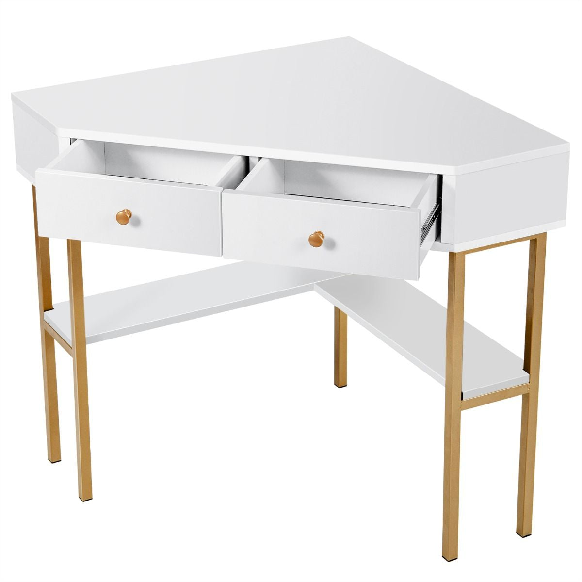 Table Bureau D'Angle Avec 2 Tiroirs Table Imformatique Pour Ordinateur Avec Etagère De Rangement Doré/Noir/Blanc