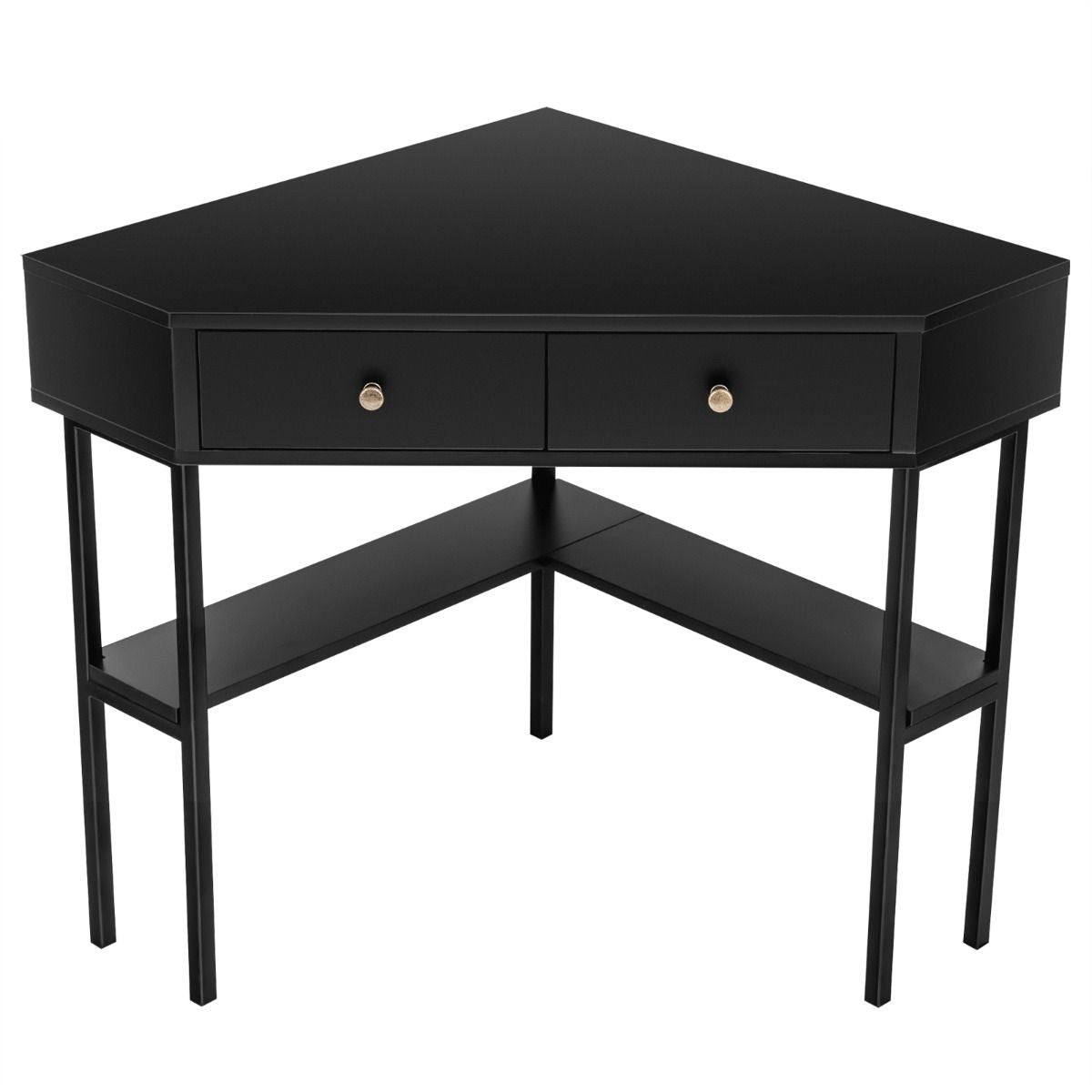 Table Bureau D'Angle Avec 2 Tiroirs Table Imformatique Pour Ordinateur Avec Etagère De Rangement Doré/Noir/Blanc