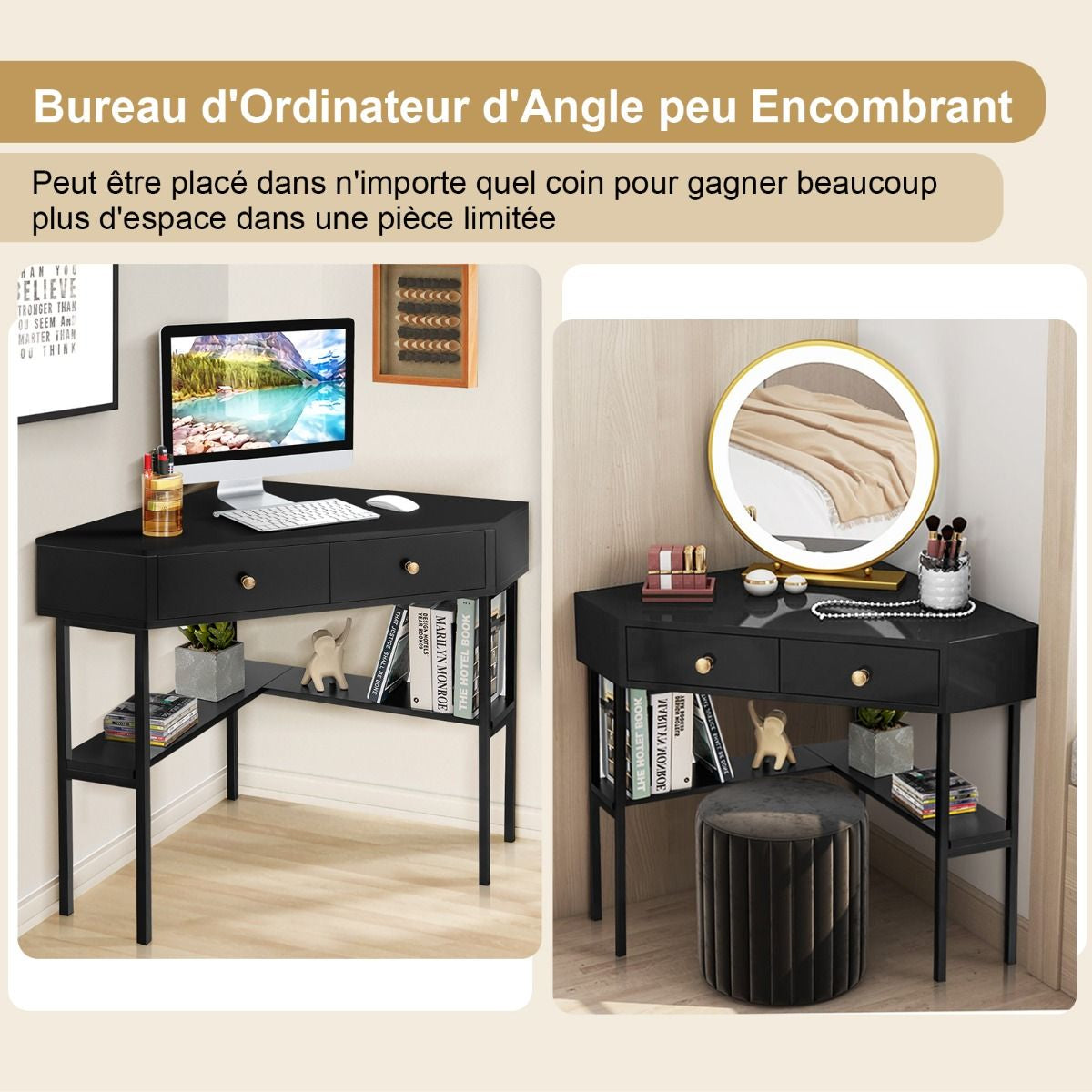 Table Bureau D'Angle Avec 2 Tiroirs Table Imformatique Pour Ordinateur Avec Etagère De Rangement Doré/Noir/Blanc