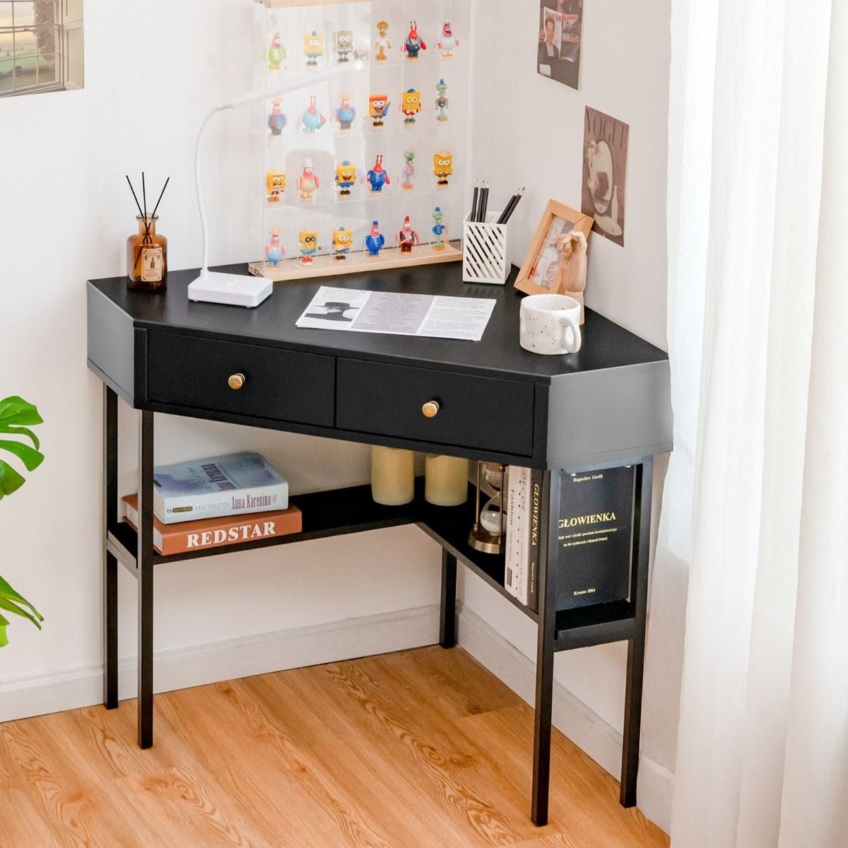 Table Bureau D'Angle Avec 2 Tiroirs Table Imformatique Pour Ordinateur Avec Etagère De Rangement Doré/Noir/Blanc