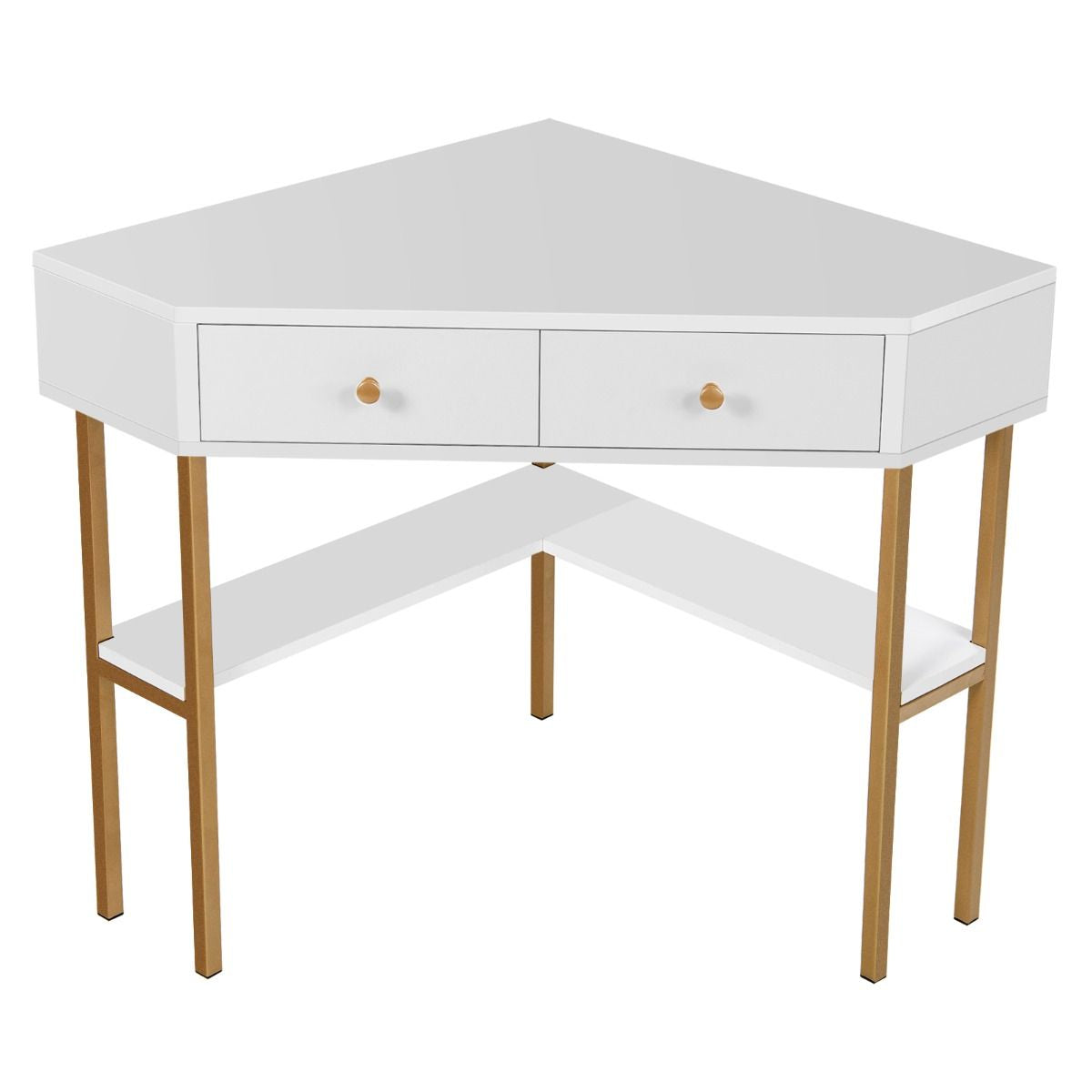 Table Bureau D'Angle Avec 2 Tiroirs Table Imformatique Pour Ordinateur Avec Etagère De Rangement Doré/Noir/Blanc