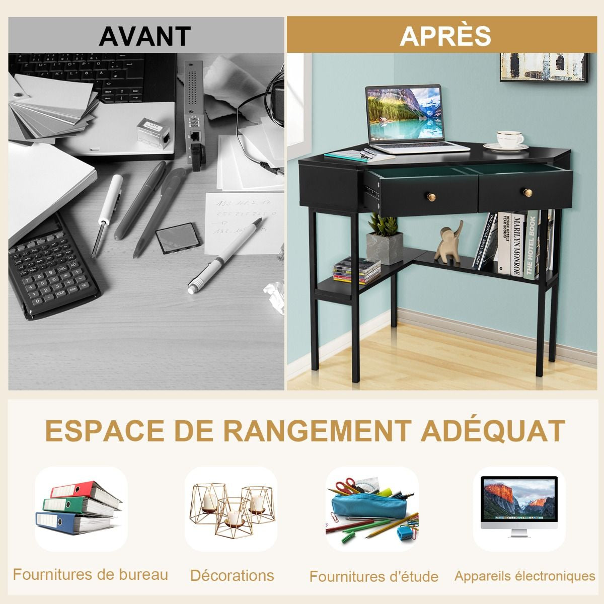 Table Bureau D'Angle Avec 2 Tiroirs Table Imformatique Pour Ordinateur Avec Etagère De Rangement Doré/Noir/Blanc