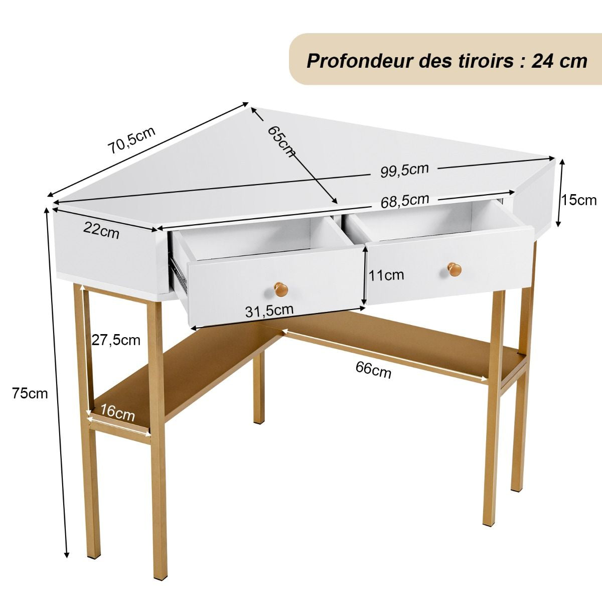 Table Bureau D'Angle Avec 2 Tiroirs Table Imformatique Pour Ordinateur Avec Etagère De Rangement Doré/Noir/Blanc