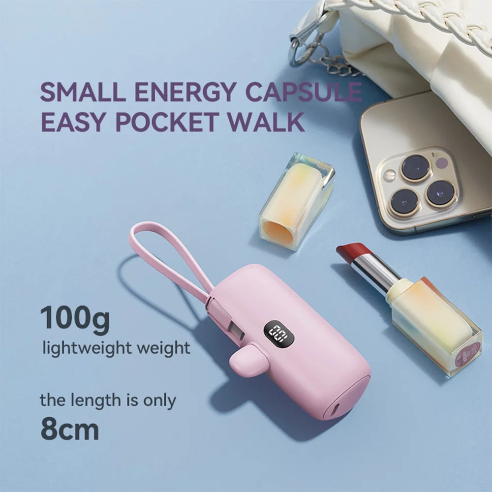 Portable Power Bank 5000Mah, Compact 5V 3A Fast Charger with Built-In Type-C Cable & Phone Holder (Pink)