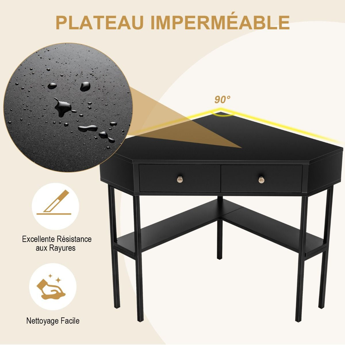 Table Bureau D'Angle Avec 2 Tiroirs Table Imformatique Pour Ordinateur Avec Etagère De Rangement Doré/Noir/Blanc