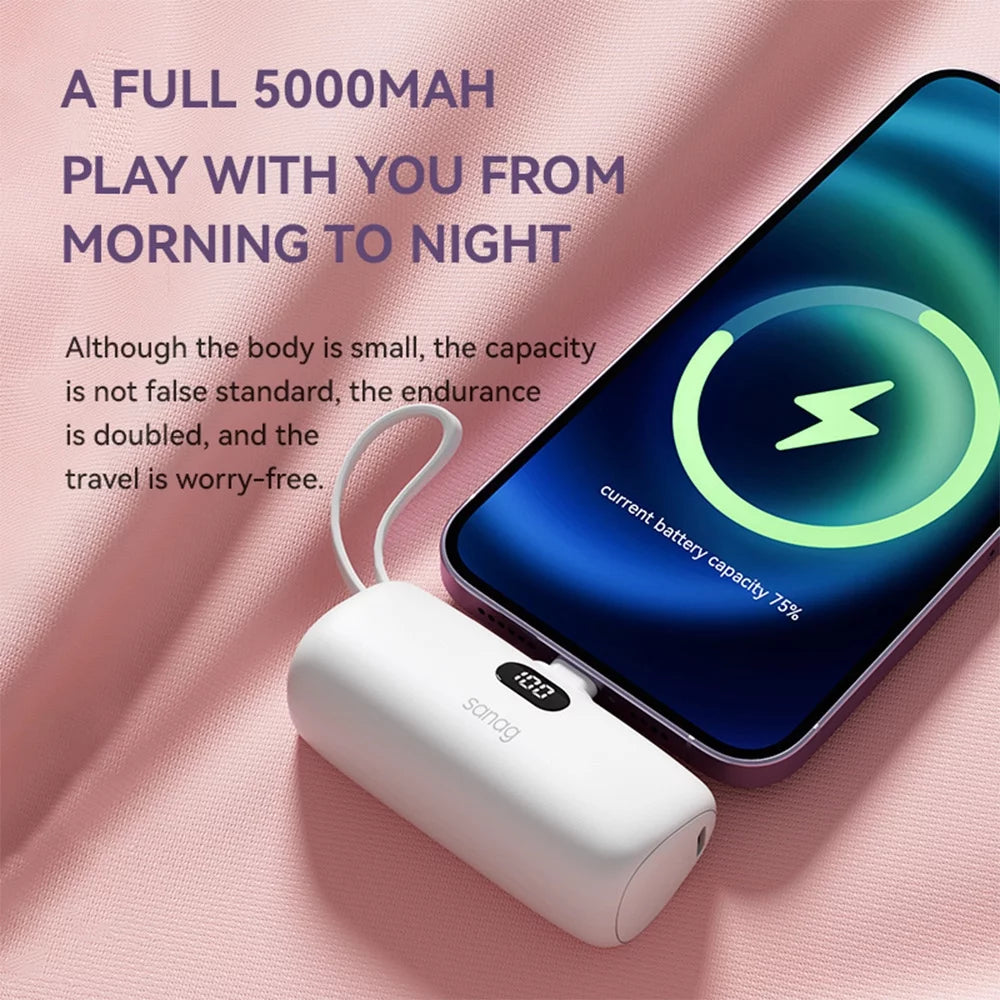 Portable Power Bank 5000Mah, Compact 5V 3A Fast Charger with Built-In Type-C Cable & Phone Holder (Pink)