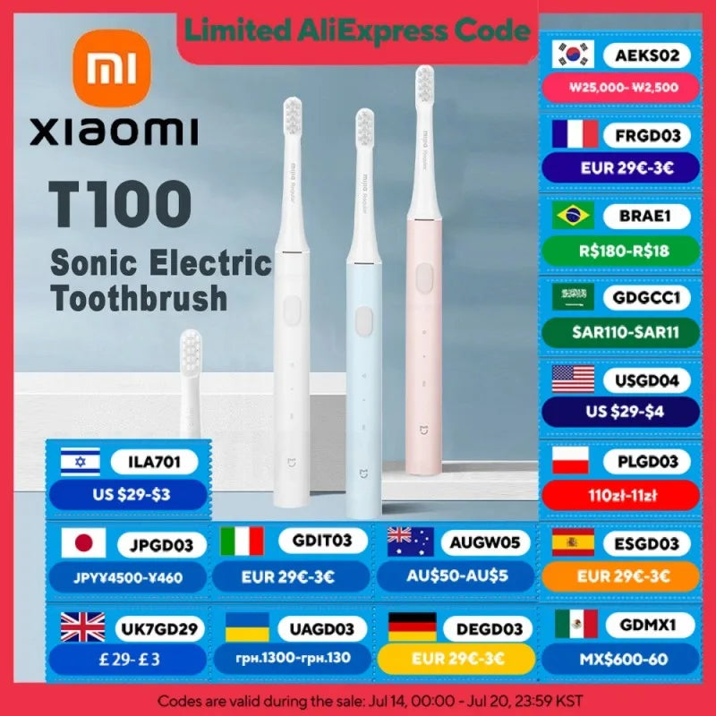 MIJIA Sonic Electric Toothbrush T100,Battery Life 30 Day,16500Rpm Vibration,Usb Rechargeable IPX7 Waterproof Toothbrushes