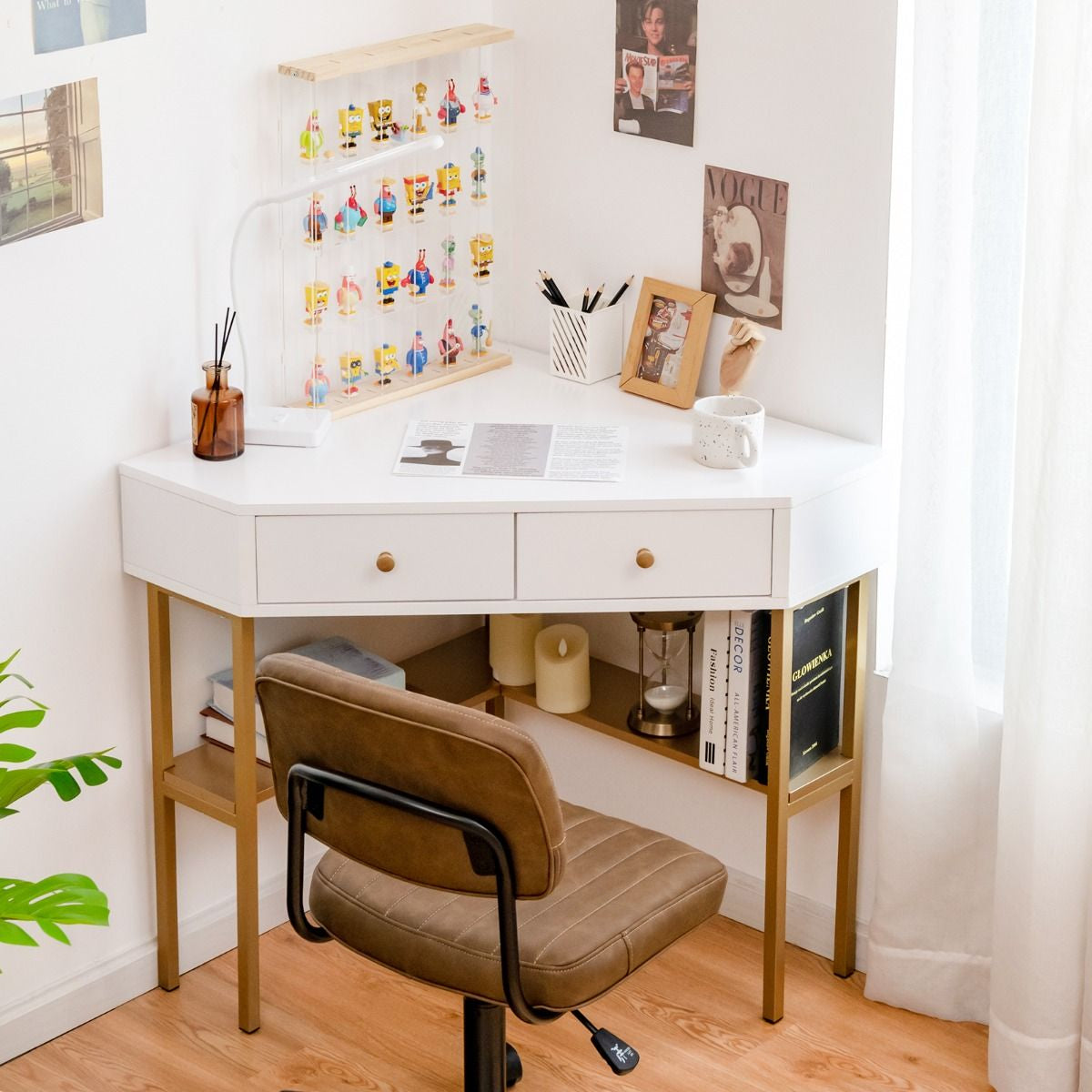 Table Bureau D'Angle Avec 2 Tiroirs Table Imformatique Pour Ordinateur Avec Etagère De Rangement Doré/Noir/Blanc