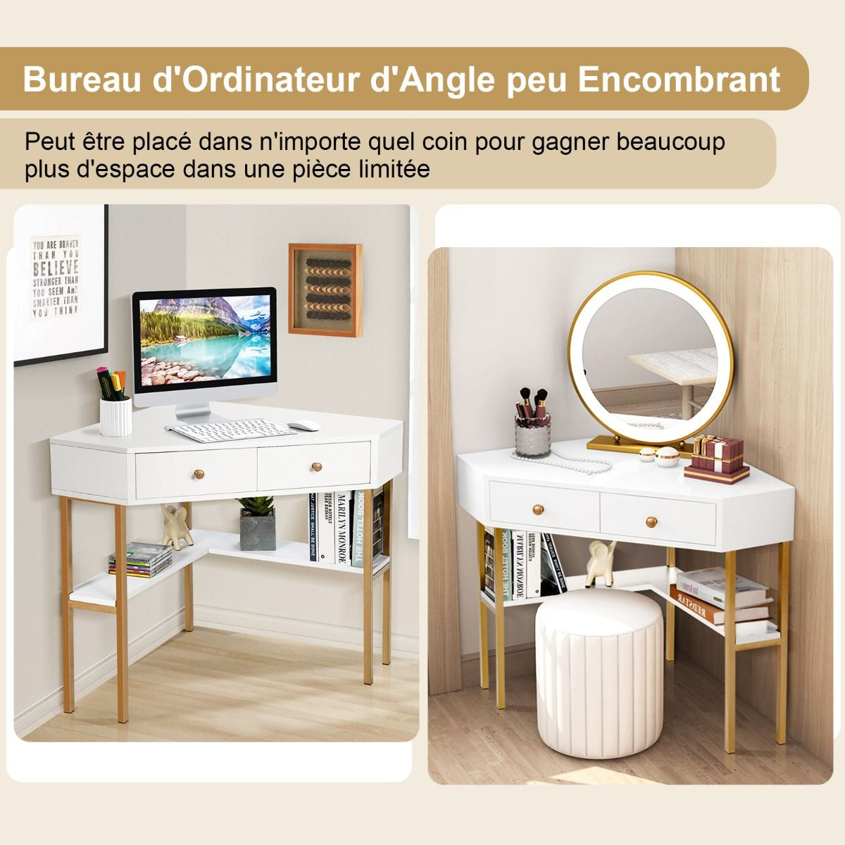 Table Bureau D'Angle Avec 2 Tiroirs Table Imformatique Pour Ordinateur Avec Etagère De Rangement Doré/Noir/Blanc
